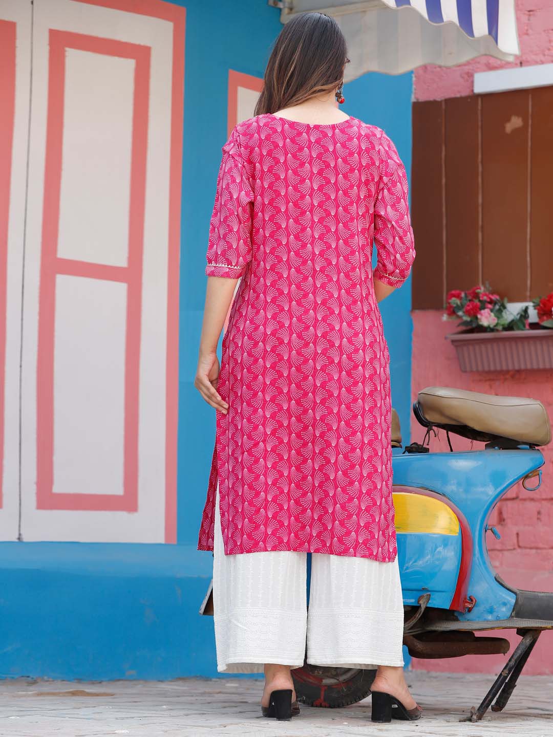 Neck Embroidered &amp; Printed Cotton Kurta With Pants