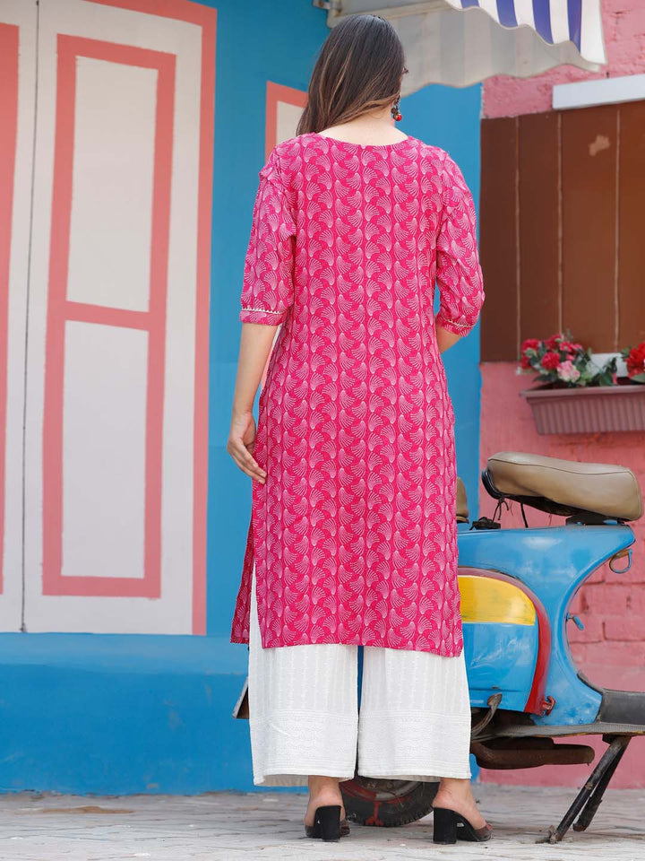 Neck Embroidered &amp; Printed Cotton Kurta With Pants