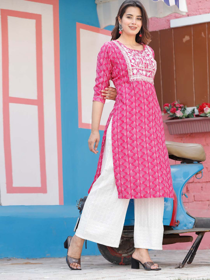 Neck Embroidered &amp; Printed Cotton Kurta With Pants