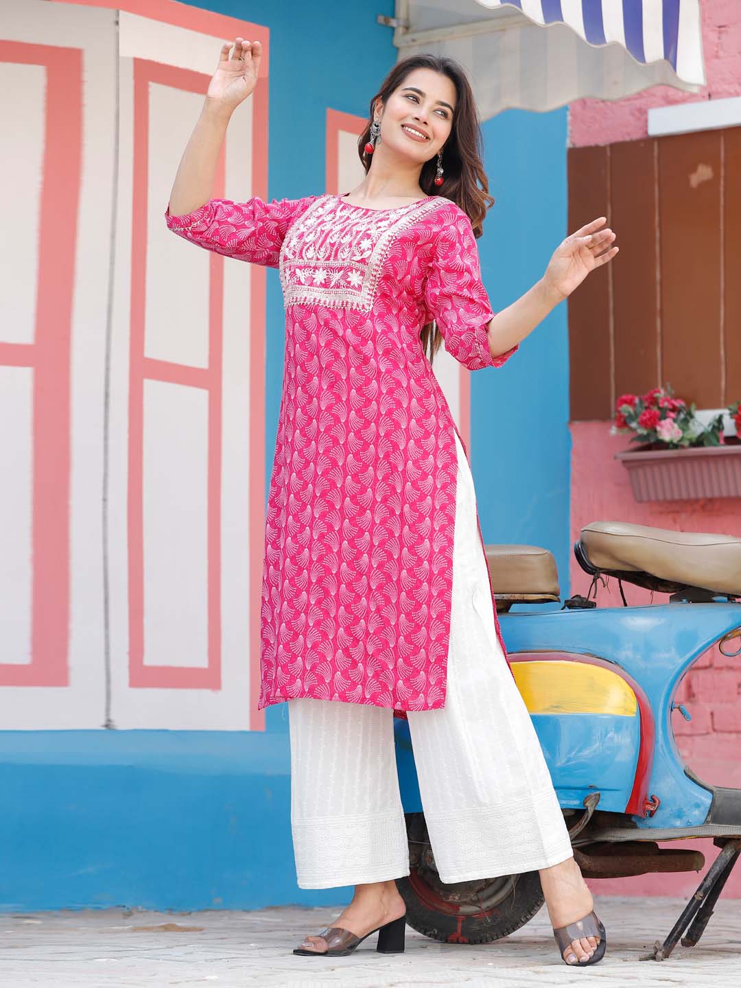Neck Embroidered &amp; Printed Cotton Kurta With Pants