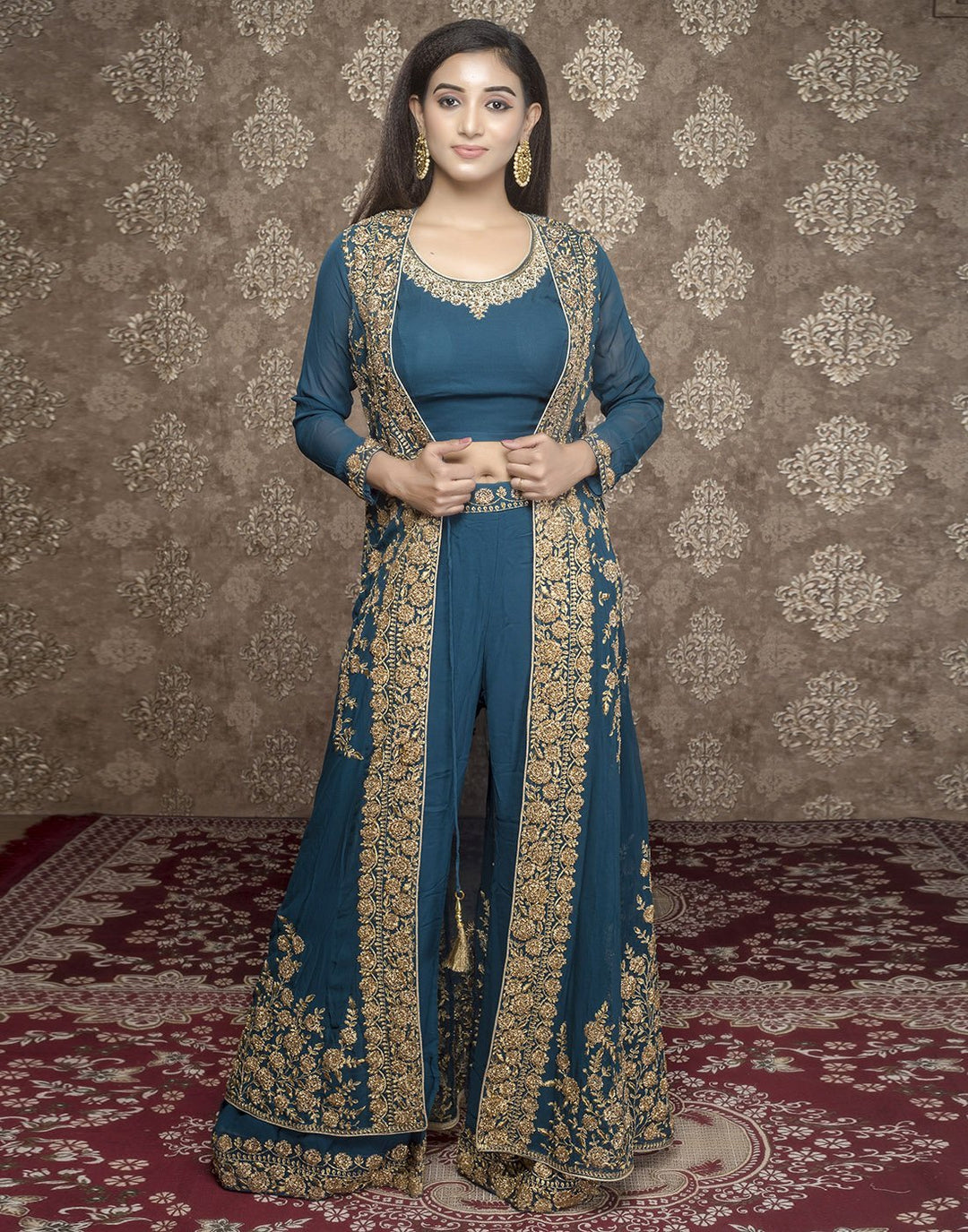 georgette embroidered plazo choli with long jacket