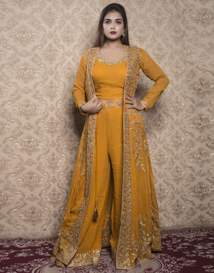 georgette embroidered plazo choli with long jacket