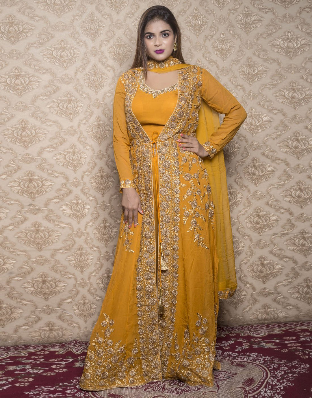 georgette embroidered plazo choli with long jacket