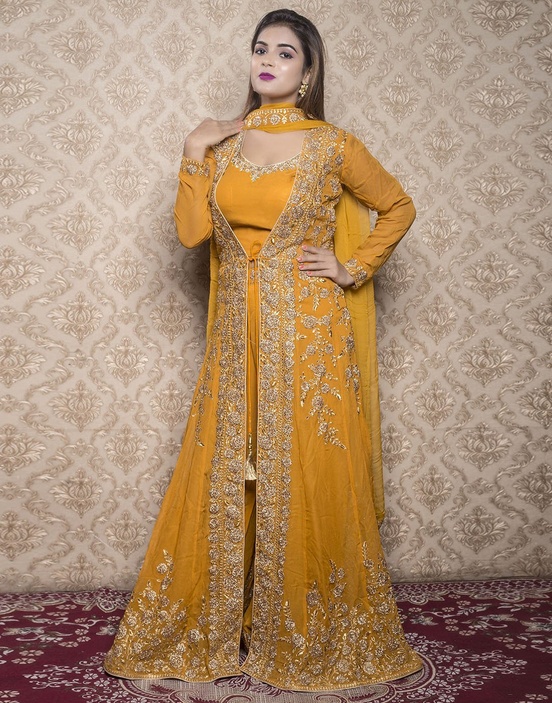 georgette embroidered plazo choli with long jacket