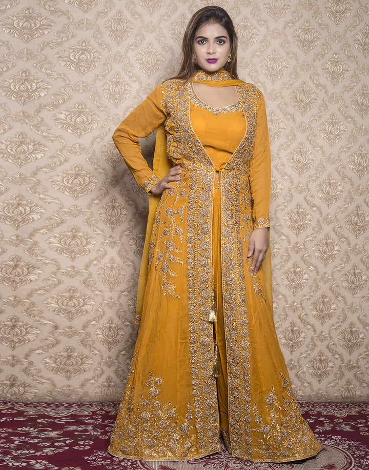 georgette embroidered plazo choli with long jacket