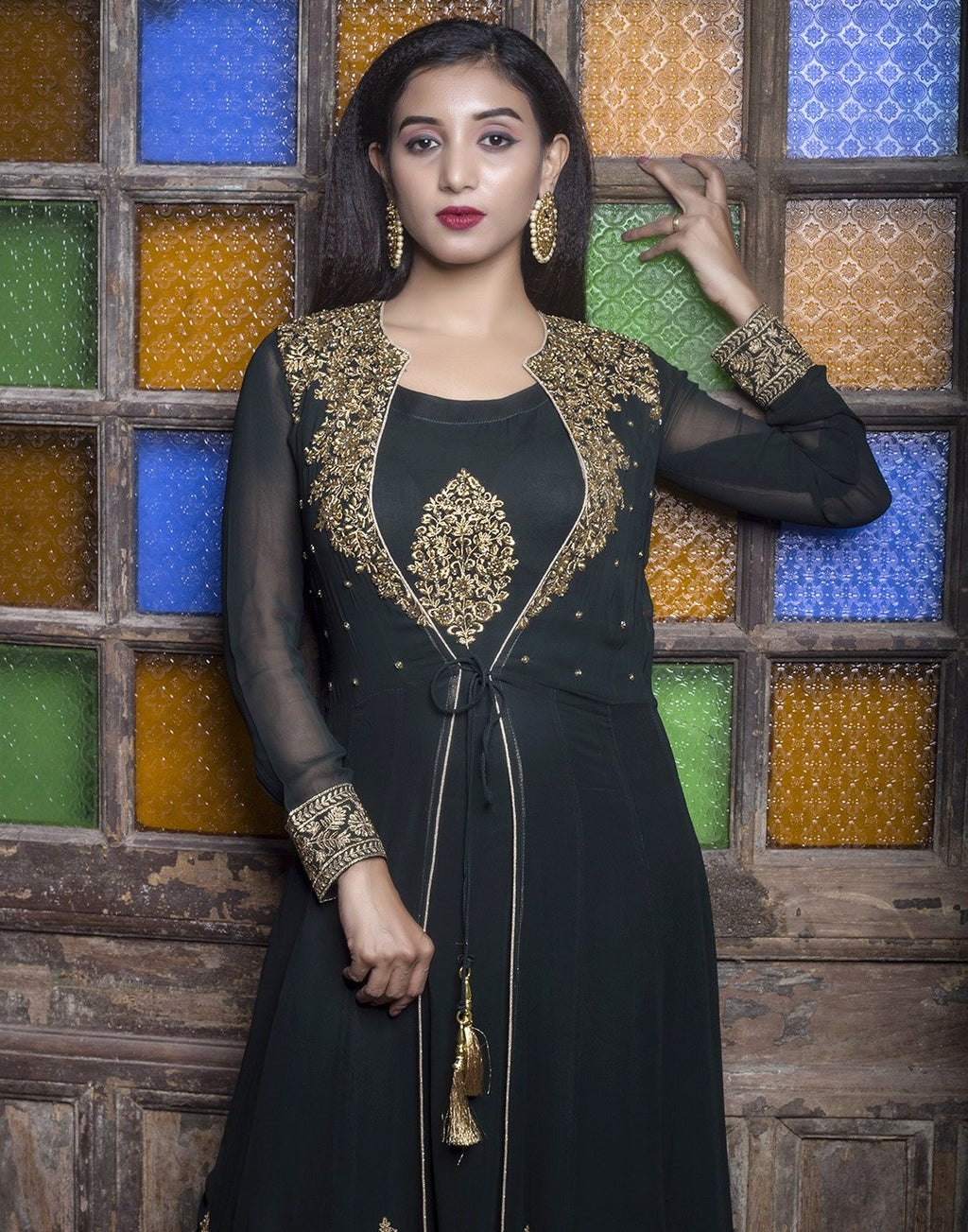 georgette embroidered long anarkali with long jacket