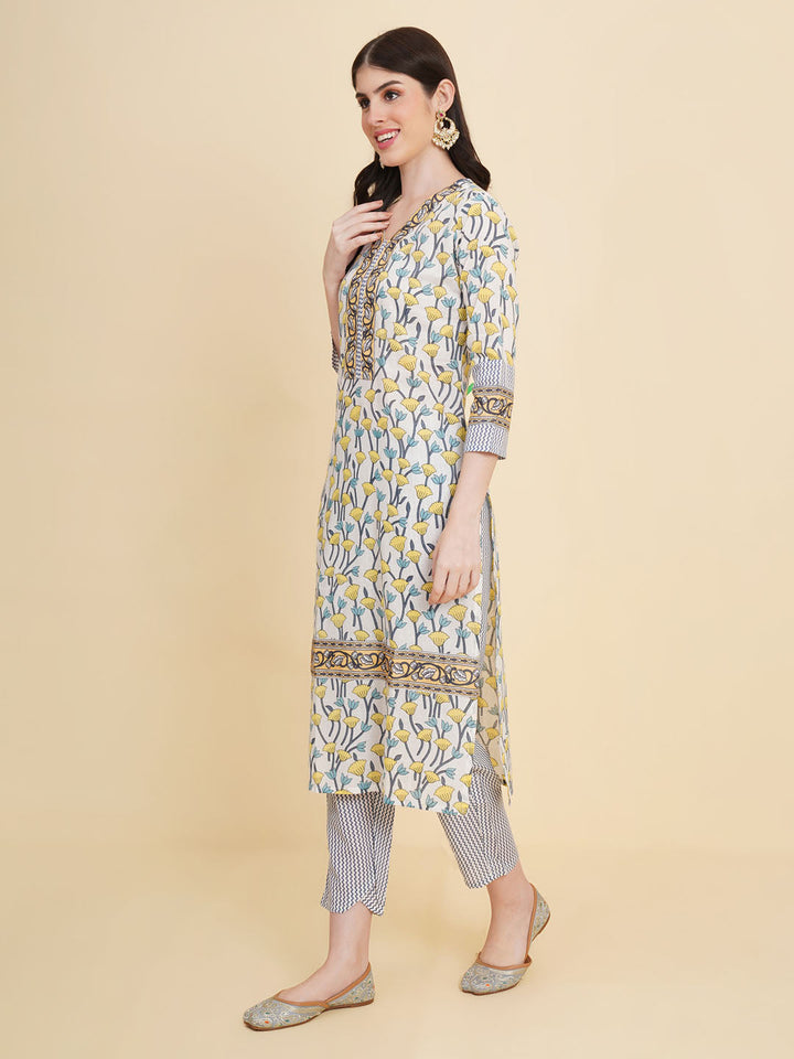 Floral Printed Cotton Kurta With Pants &amp; Dupatta