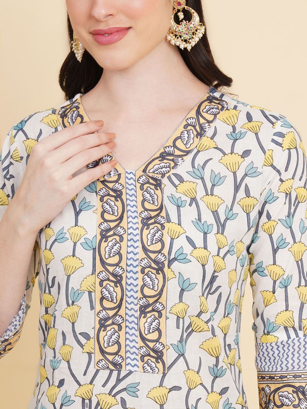 Floral Printed Cotton Kurta With Pants & Dupatta