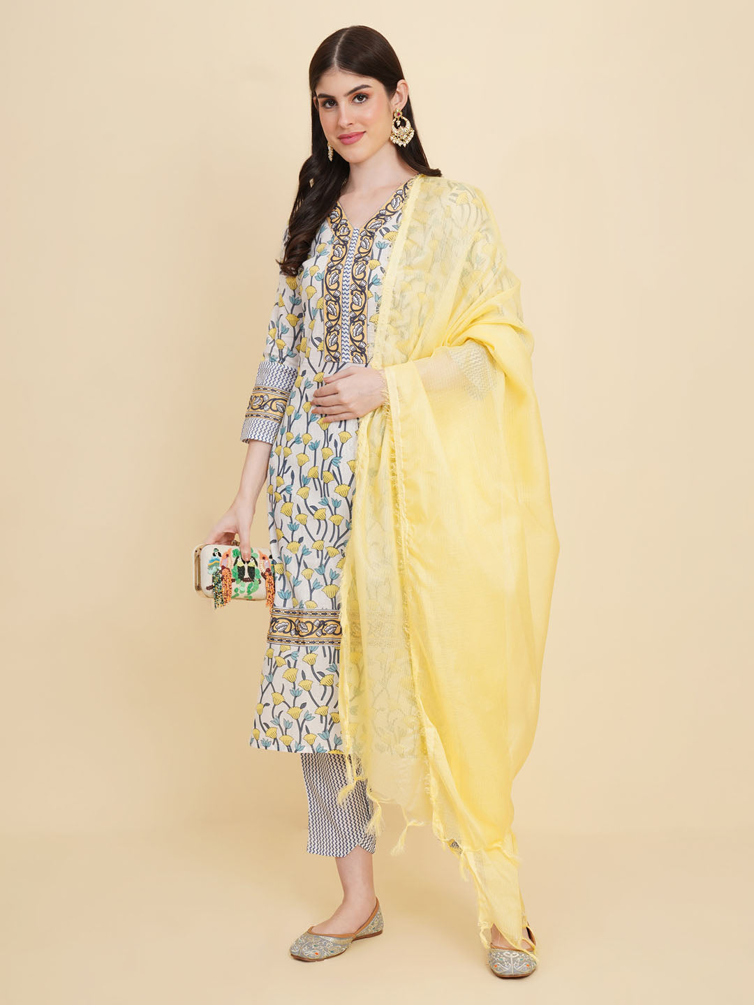 Floral Printed Cotton Kurta With Pants &amp; Dupatta