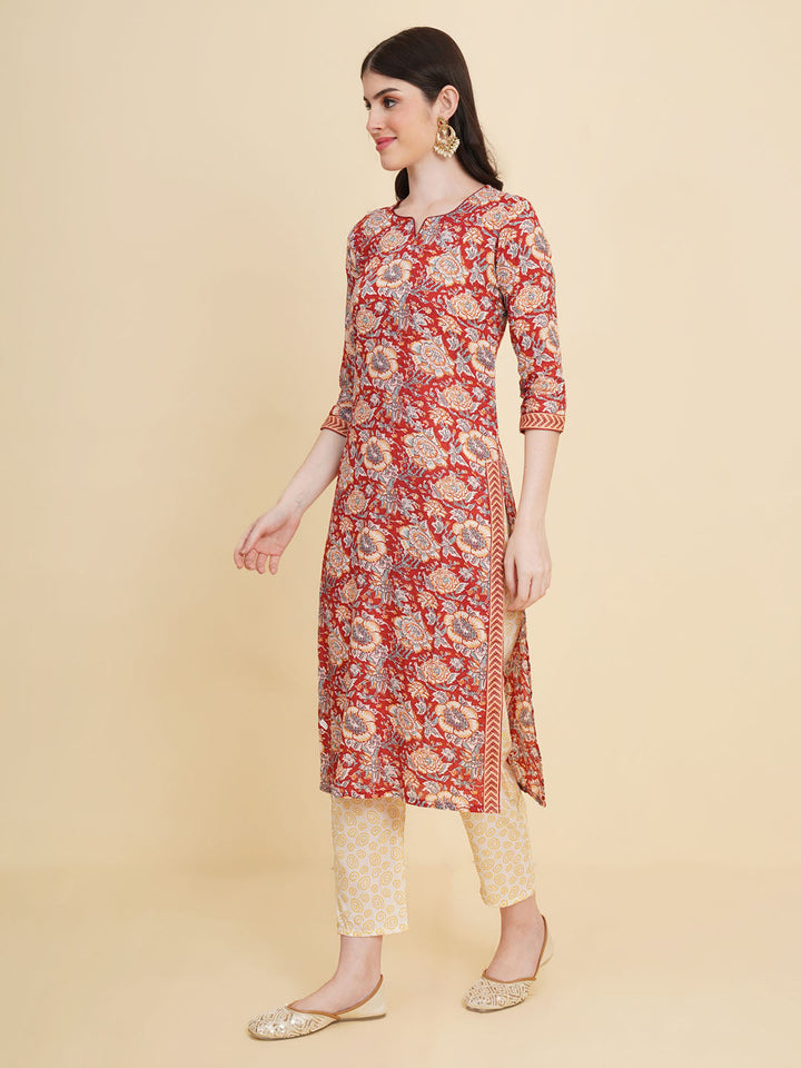 Floral Printed Cotton Kurta With Pants &amp; Dupatta
