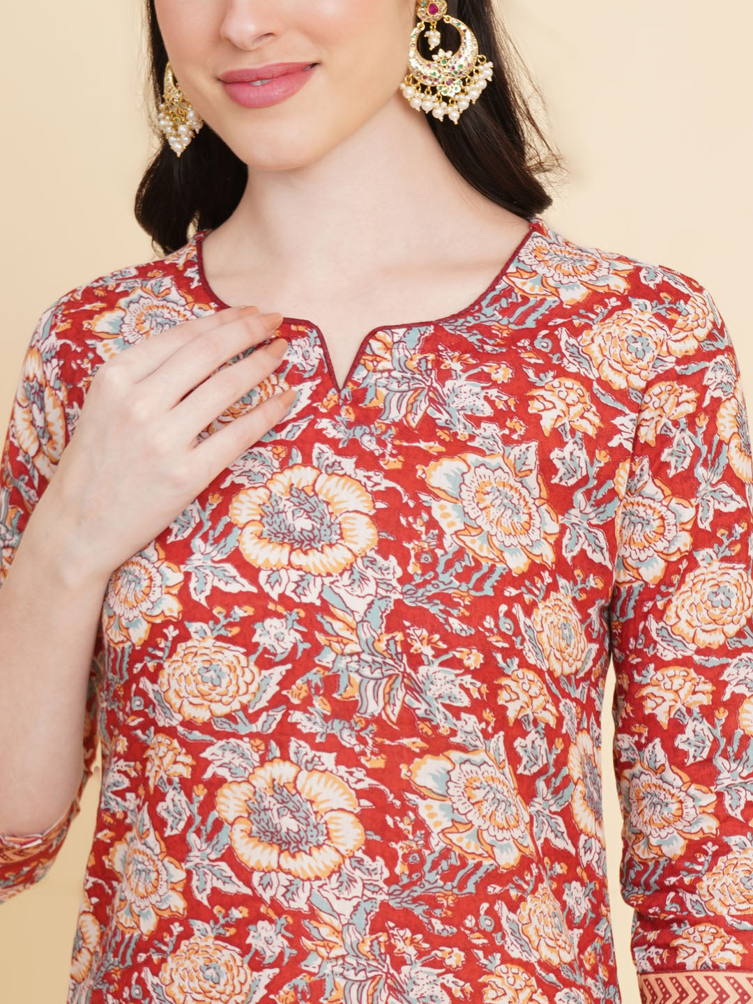 Floral Printed Cotton Kurta With Pants &amp; Dupatta