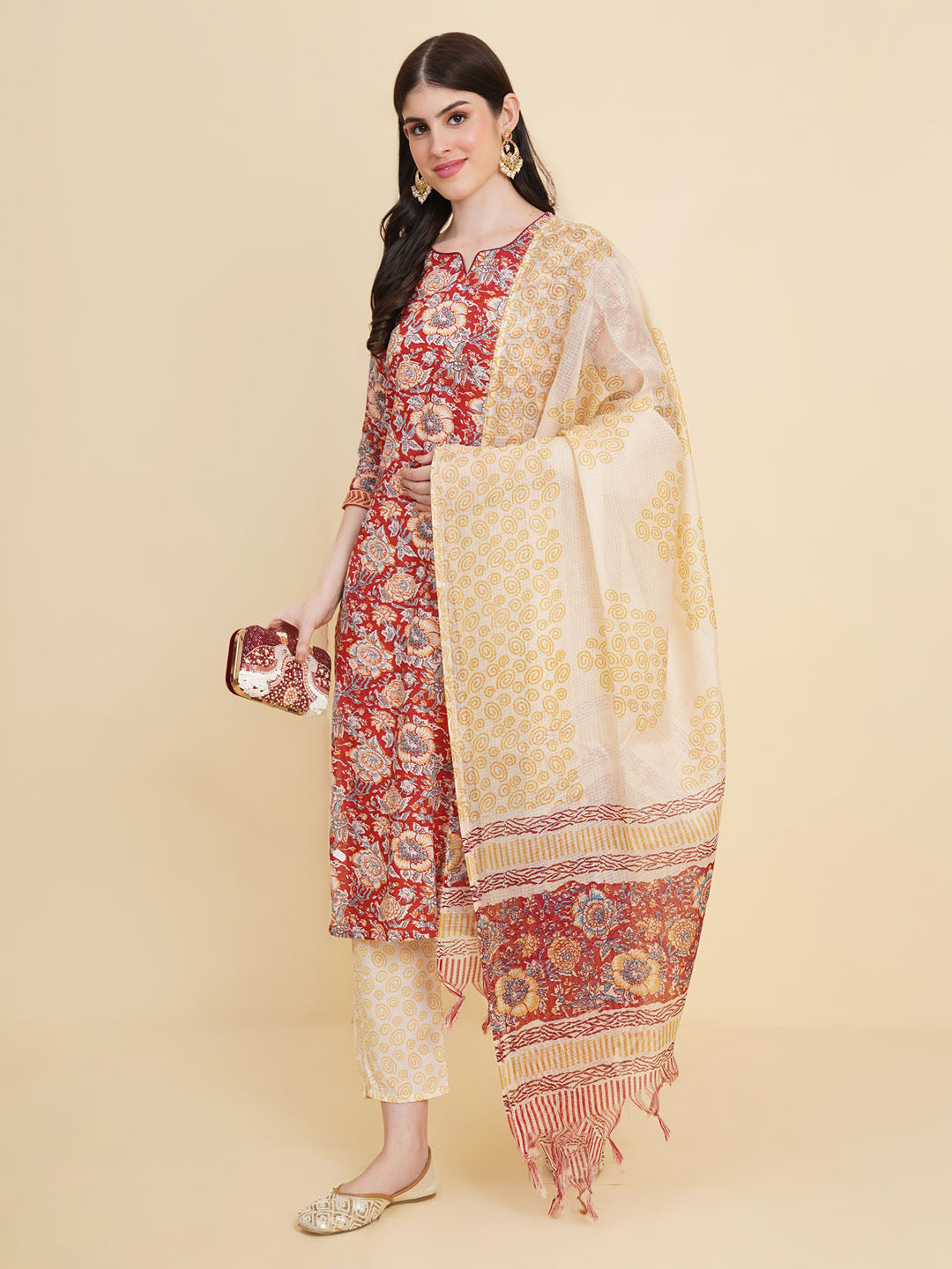 Floral Printed Cotton Kurta With Pants &amp; Dupatta
