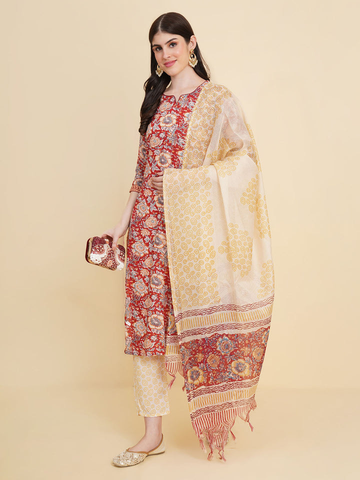 Floral Printed Cotton Kurta With Pants &amp; Dupatta