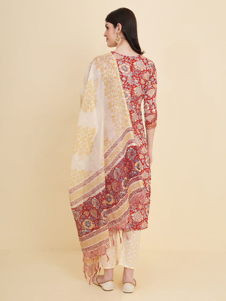 Floral Printed Cotton Kurta With Pants &amp; Dupatta