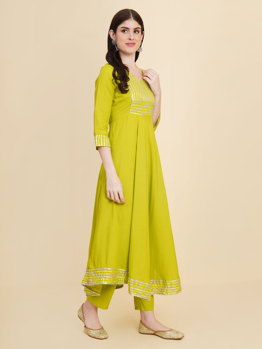 Gota Patti Cotton Anarkali Kurta With Pants &amp; Dupatta