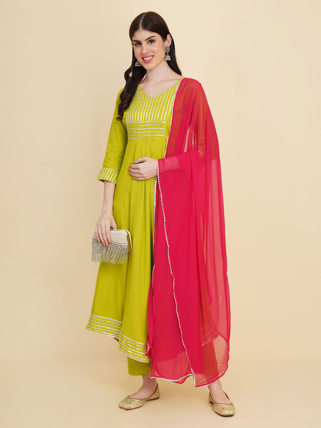 Gota Patti Cotton Anarkali Kurta With Pants &amp; Dupatta