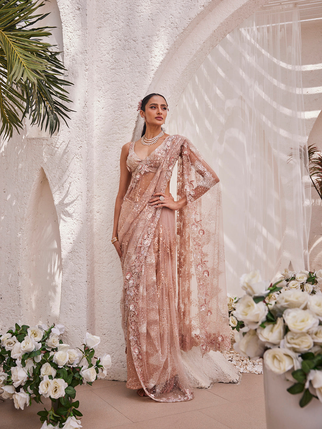Cutdana &amp; Sequin Work Embroidery Net Saree