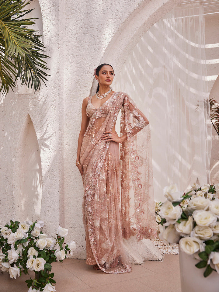 Cutdana &amp; Sequin Work Embroidery Net Saree