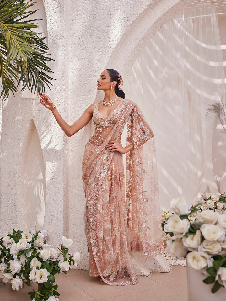 Cutdana &amp; Sequin Work Embroidery Net Saree