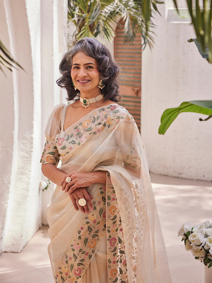 Plain Embroidered Border Tissue Saree