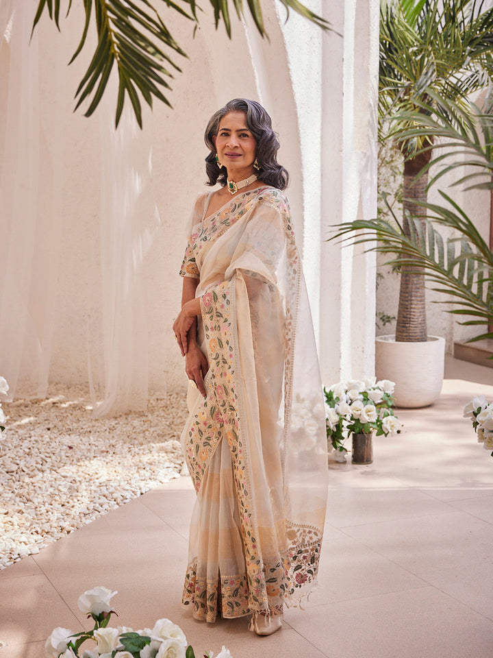 Plain Embroidered Border Tissue Saree