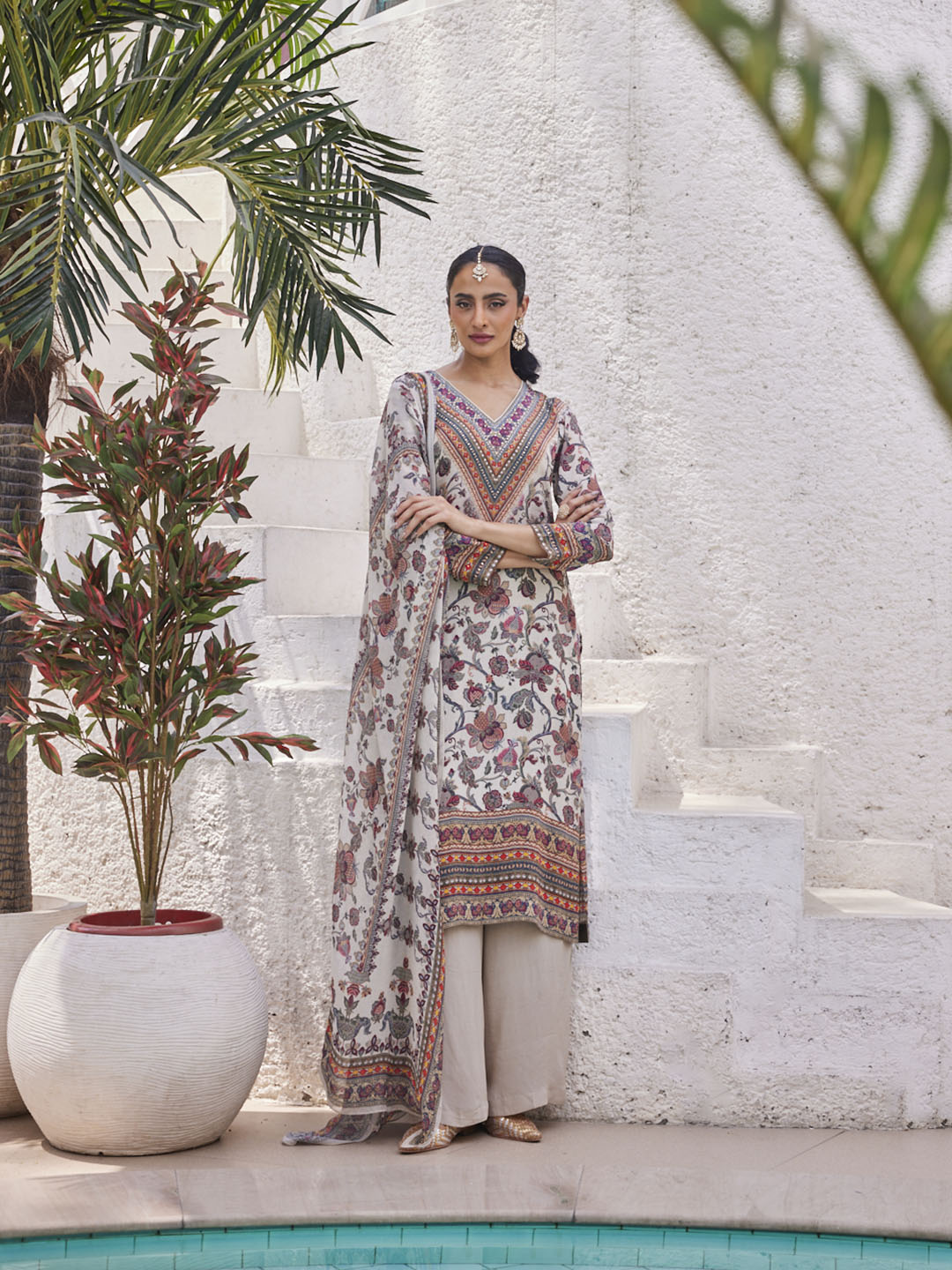 Digital Floral Printed Crepe Kurta With Palazzo &amp; Dupatta