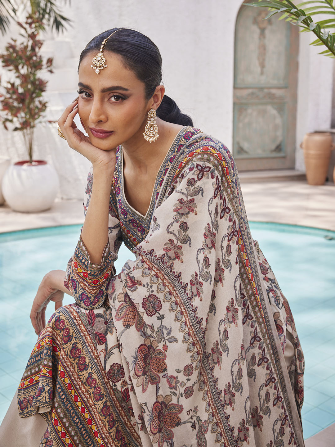 Digital Floral Printed Crepe Kurta With Palazzo &amp; Dupatta