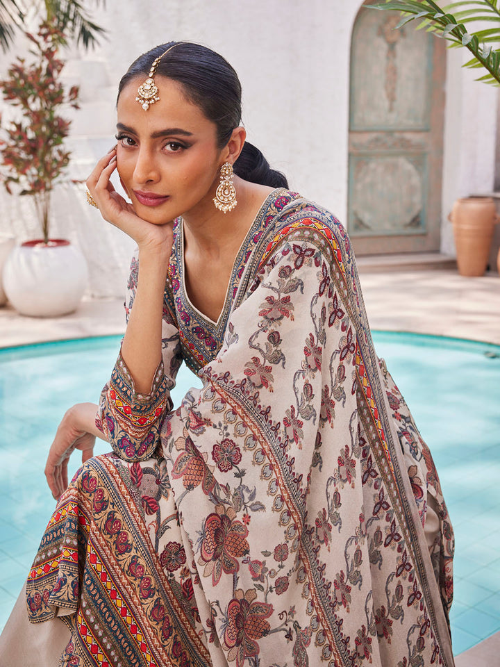 Digital Floral Printed Crepe Kurta With Palazzo &amp; Dupatta