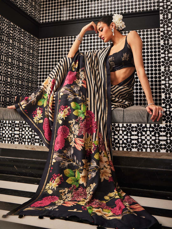 Digital Floral Printed Stripes Tussar Saree