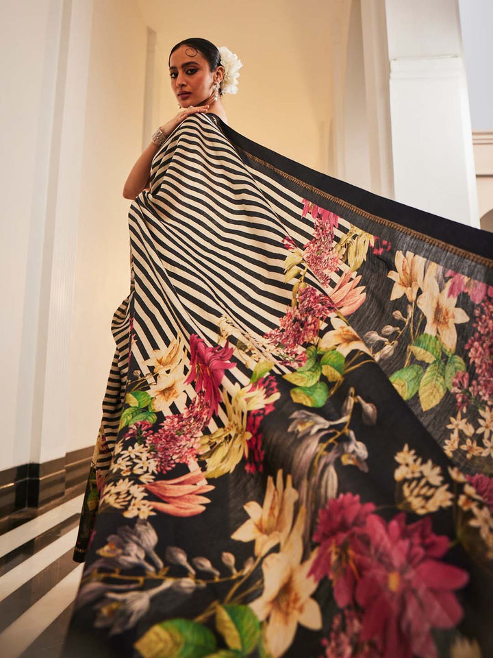 Digital Floral Printed Stripes Tussar Saree