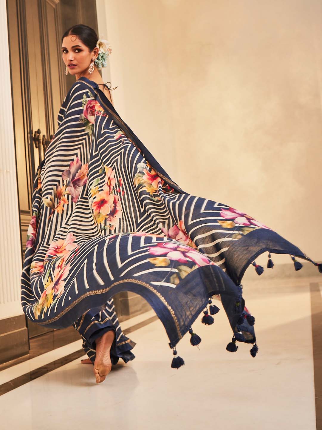 Floral Printed Leheriya Fusion Tussar Saree