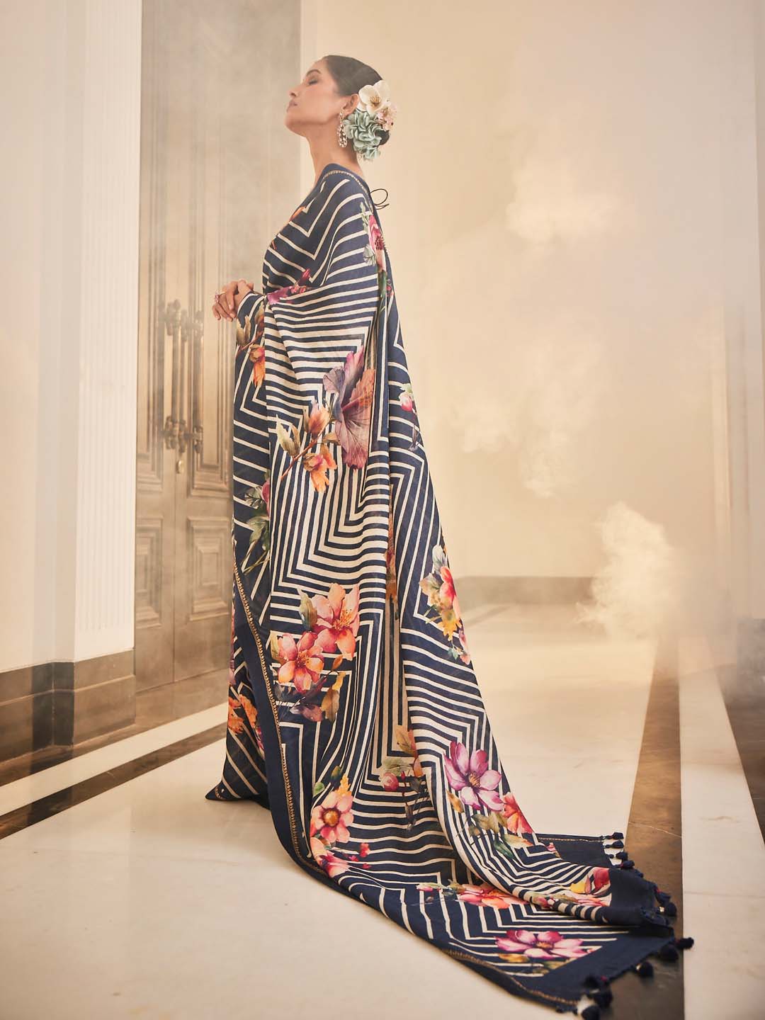 Floral Printed Leheriya Fusion Tussar Saree