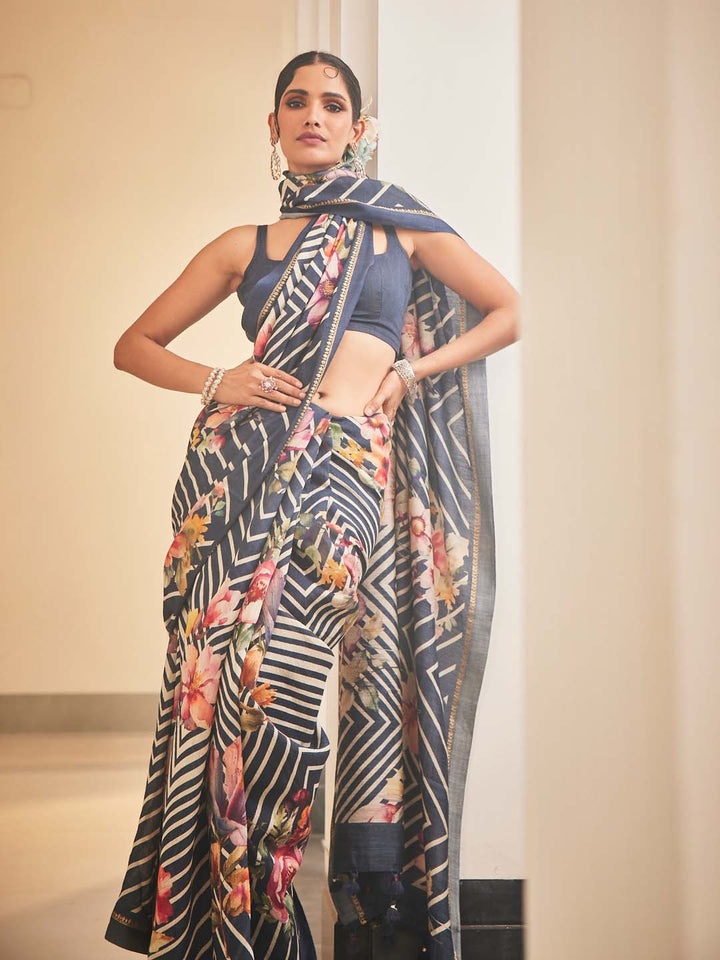 Floral Printed Leheriya Fusion Tussar Saree