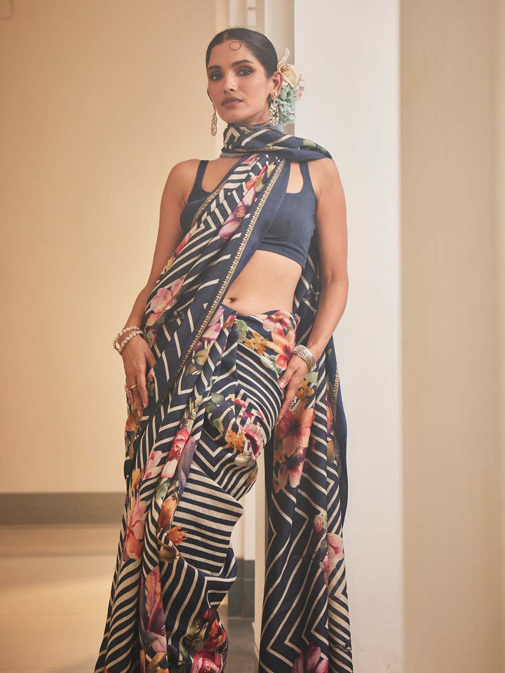 Floral Printed Leheriya Fusion Tussar Saree