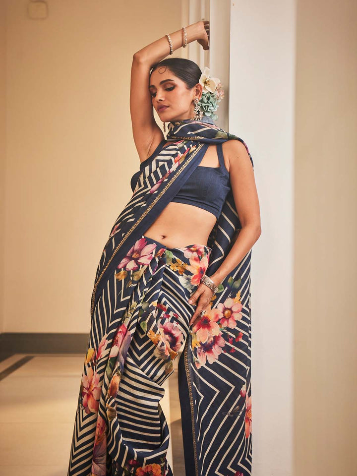 Floral Printed Leheriya Fusion Tussar Saree