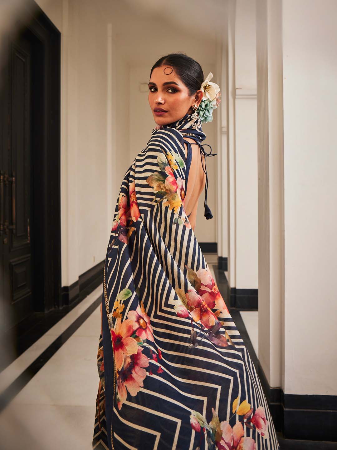 Floral Printed Leheriya Fusion Tussar Saree