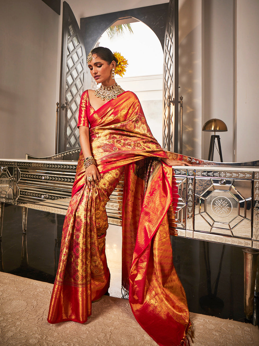 Golden Kanjeevaram Woven Handloom Saree