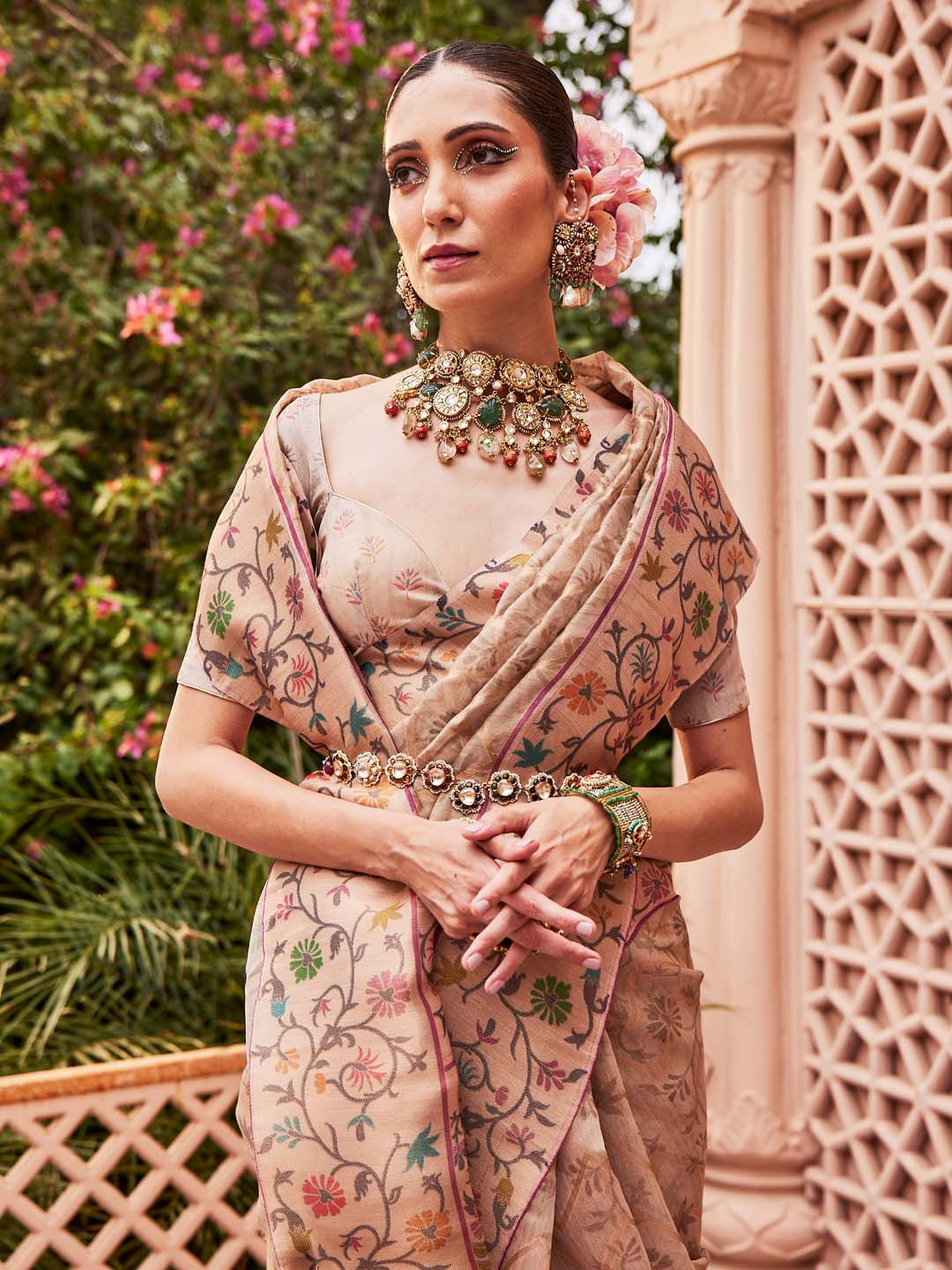 Floral Printed Zari Woven Chanderi Saree
