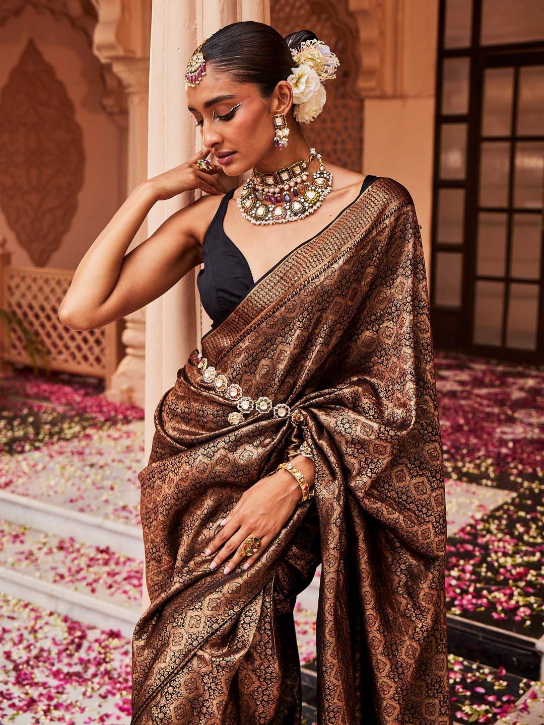 Brocade Plain Crepe Saree