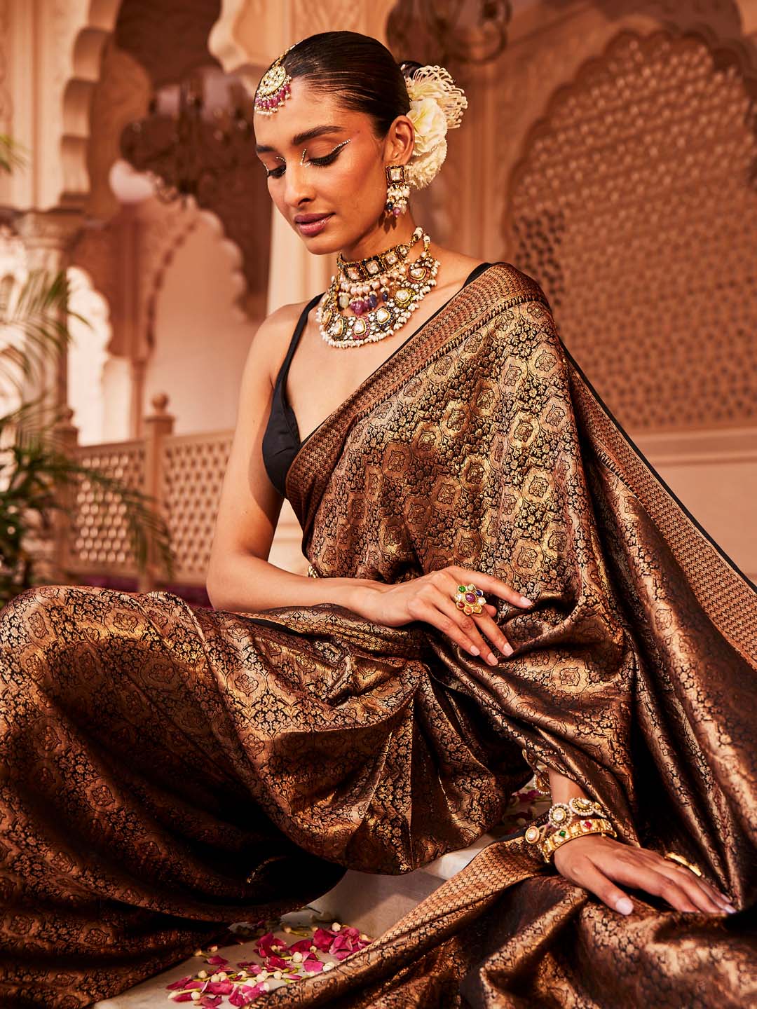 Brocade Plain Crepe Saree