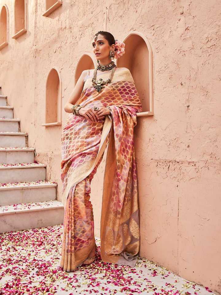 Digital Floral Zari Printed &amp; Woven Banarsi Saree