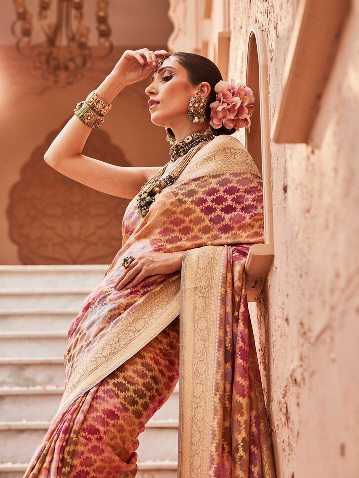 Digital Floral Zari Printed &amp; Woven Banarsi Saree