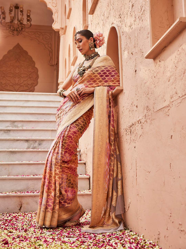 Digital Floral Zari Printed &amp; Woven Banarsi Saree