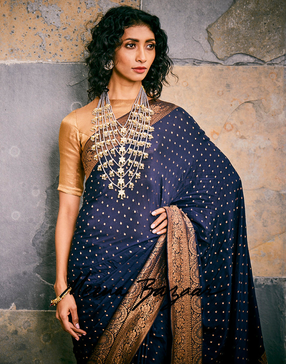 MBZ Meena Bazaar-Navy Blue Woven Crape Plain Saree