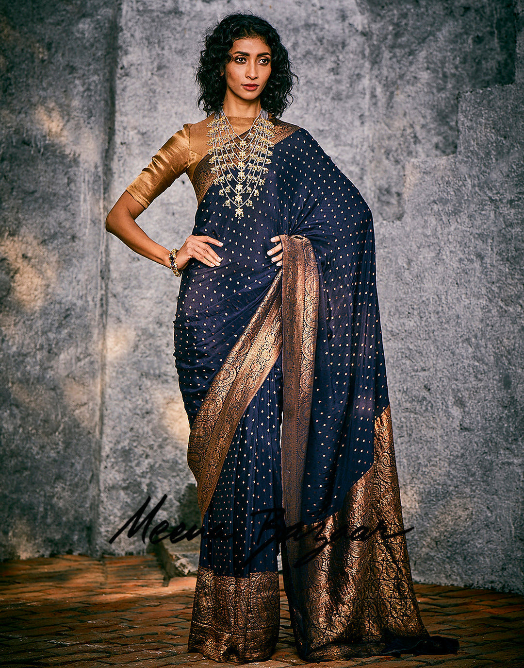 MBZ Meena Bazaar-Navy Blue Woven Crape Plain Saree