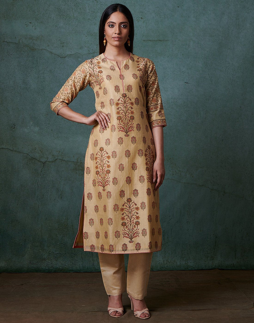 Beige Cotton Chanderi Kurti