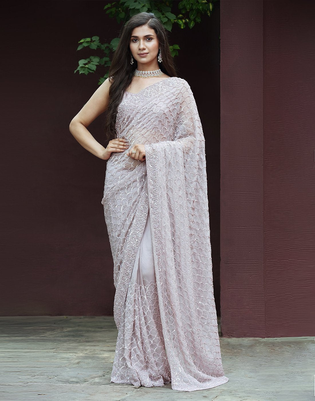 Embroidered Sequence Organza Kora Saree