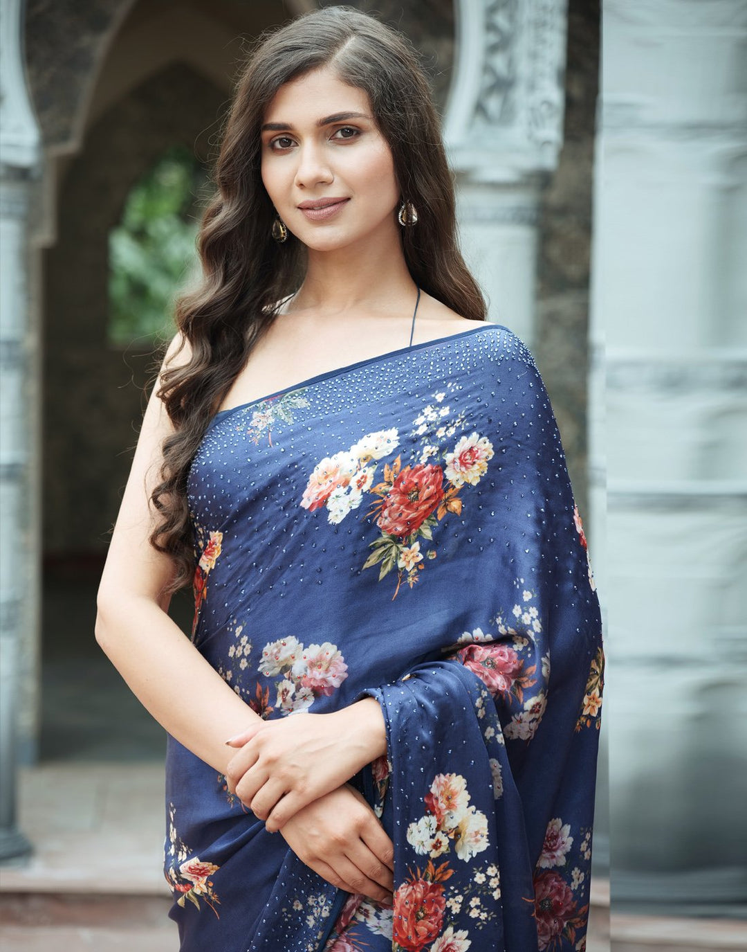 Digital Floral Printed Crepe Saree with Stone Work