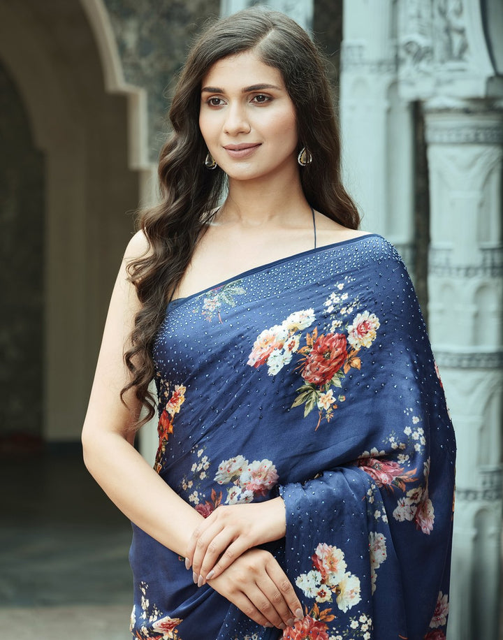 Digital Floral Printed Crepe Saree with Stone Work