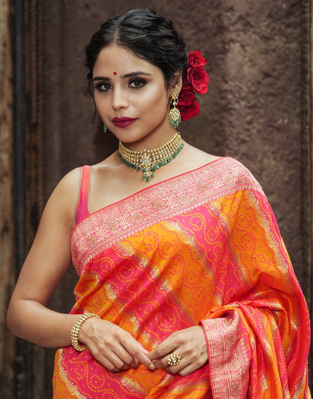 Banarasi Silk Saree with Bandhej look
